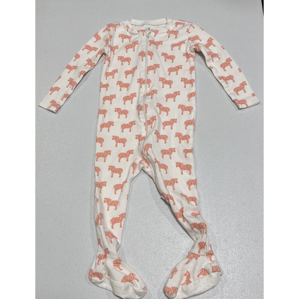 Primary Zebra Print Footie Full Zip Snug Fit 9-12 M Organic Cotton White Orange